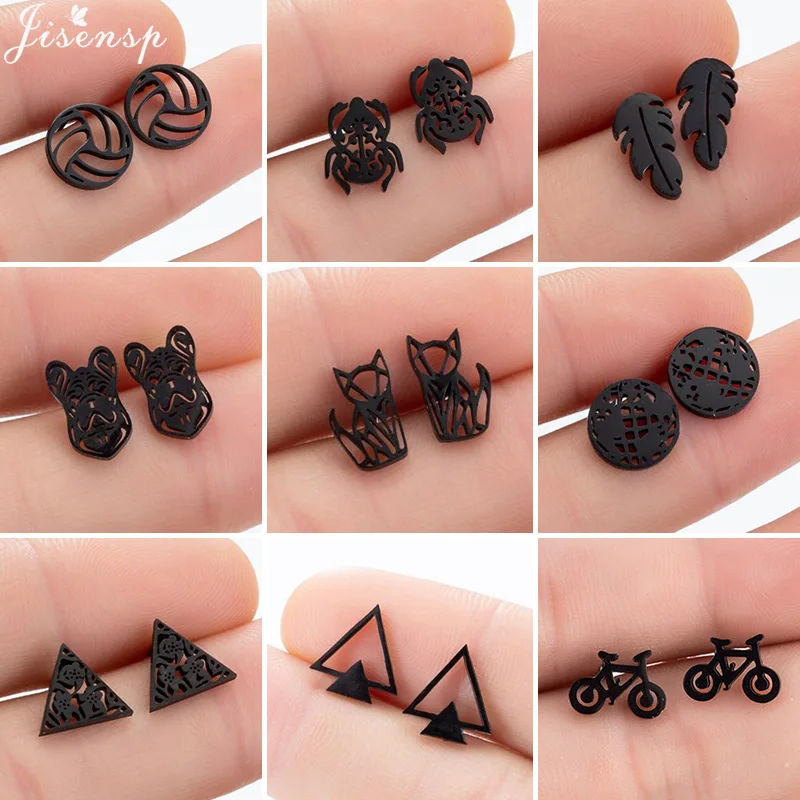 Punk Stainless Steel Stud Earrings for Women Men Minimalist Black Cat Leaf Triangle Volleyball Earring 2020 Fashion Jewelry Stud