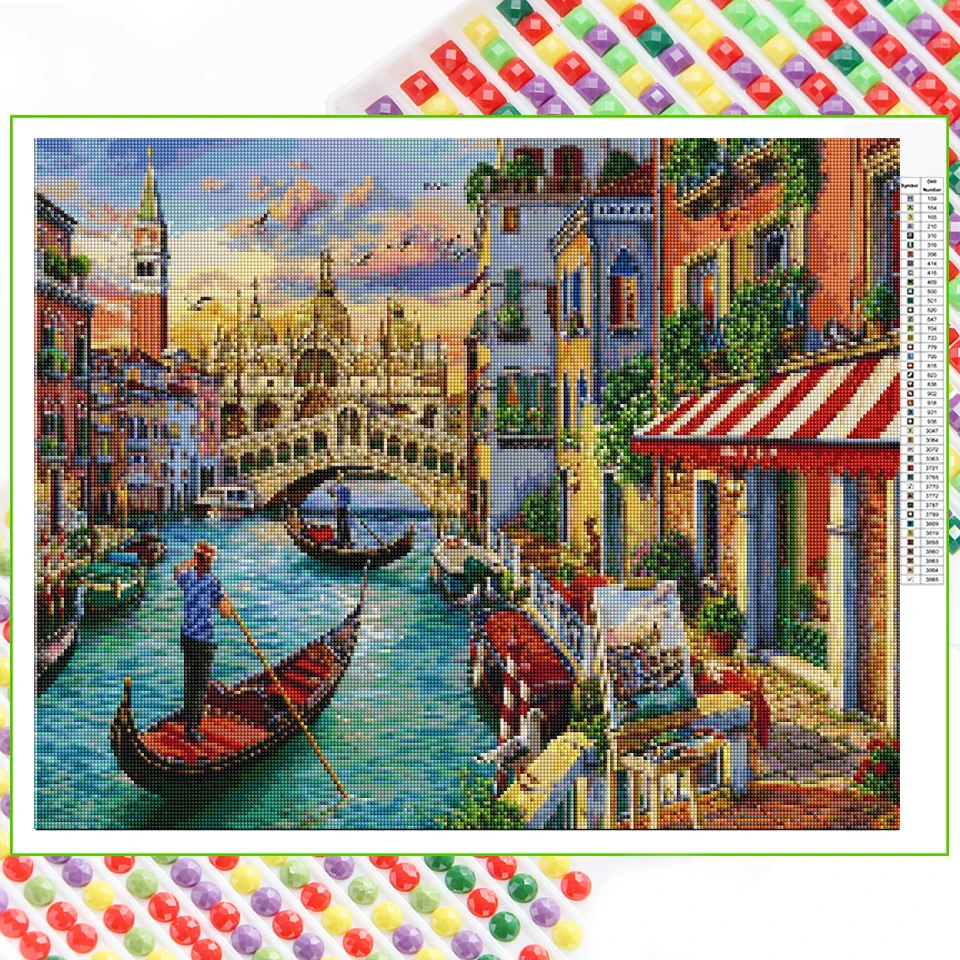 Cafe by the water Diamond Painting Cross Stitch kits Diamond Embroidery Boat Street bridge landscape Full Drill Handmade FF6542