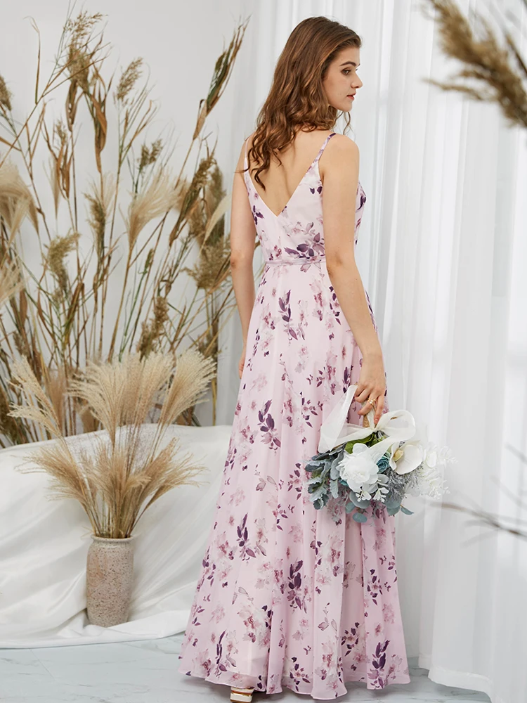 Straps V Neck Floral Pink Bridesmaid Dress Plus Size Wedding Party Guest Formal Evening Gown Special Occasion