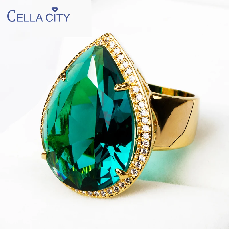 Cellacity Luxury Design Silver 925 Jewelry Gemstones Ring for Women Large Water Drop Shaped Emerald Party Banquet Female Gift