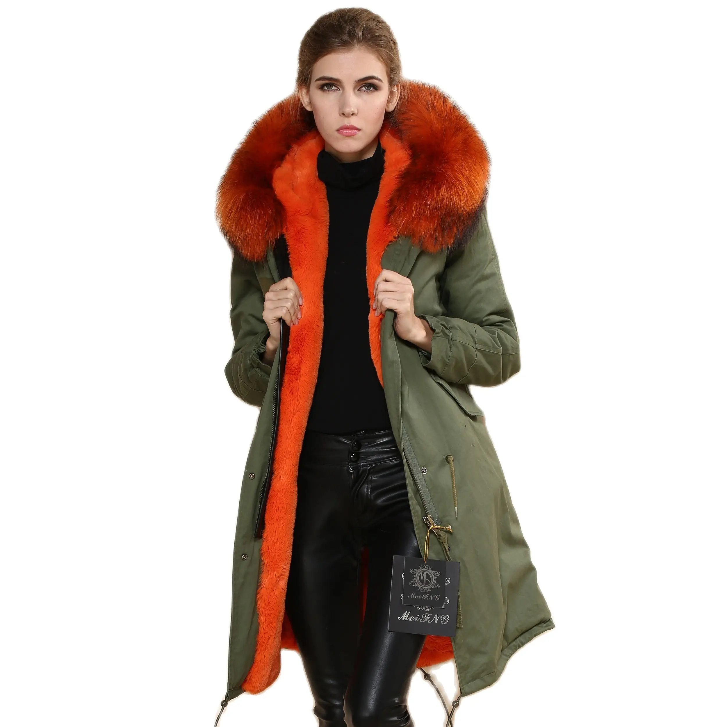 

Fashion High Quality Women Fur Coat Jacket,Parka Real Fur Collar Orange Fur Coat Parka Winter Jacket With Fur