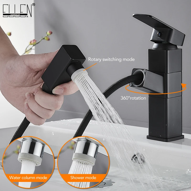 Pull Out Bathroom  Basin Sink Faucet Hot Cold Water Mixer Tap Black Faucets Crane with Spray Tall Bathroom Faucet ELM1034