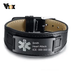 Vnox Free Engraving Name Disease ICE Info Medical Alert ID Real Leather Bracelets for Men 6.69