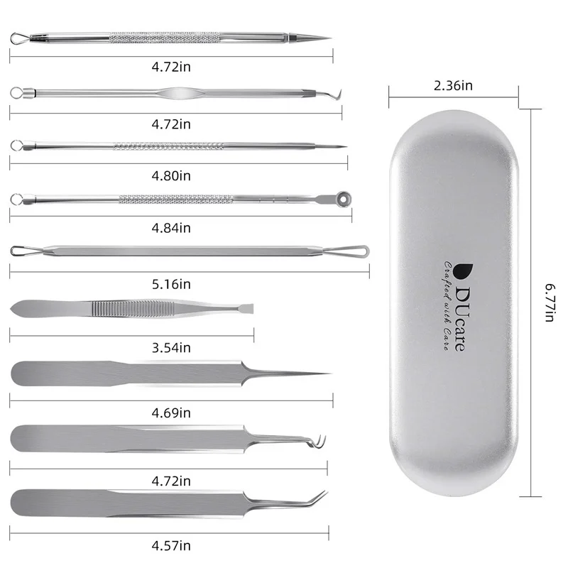 DUcare 9 Pcs Acne Blackhead Remover Comedone Extractor Acne Removal Kits with Metal Case For Forehead, Nose, Face Skin Care Tool