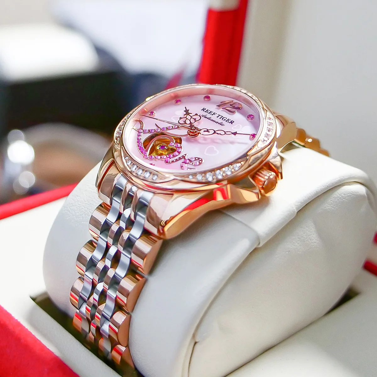 Reef Tiger Top Brand Lady Watches Luxury Flower Diamond Women Rose Gold Bracelet Automatic Watches Relogio Feminino RGA1583