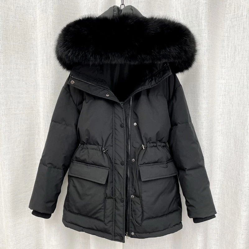 HWL 2024 Cotton Padded Fur Parka New Big Fur Collar Down Winter Jacket Women Thick Warm Parkas Female Outerwear