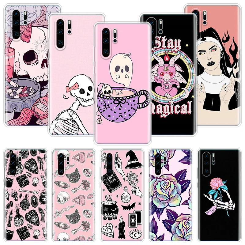 Pink Cat Skull Sorceress Witch Phone Case For Huawei Honor 10 9 20 9X 8A 8X 8S Lite Pro Y5 Y6 Y7 Y9S P Smart Z 2019 2021 10i 20i