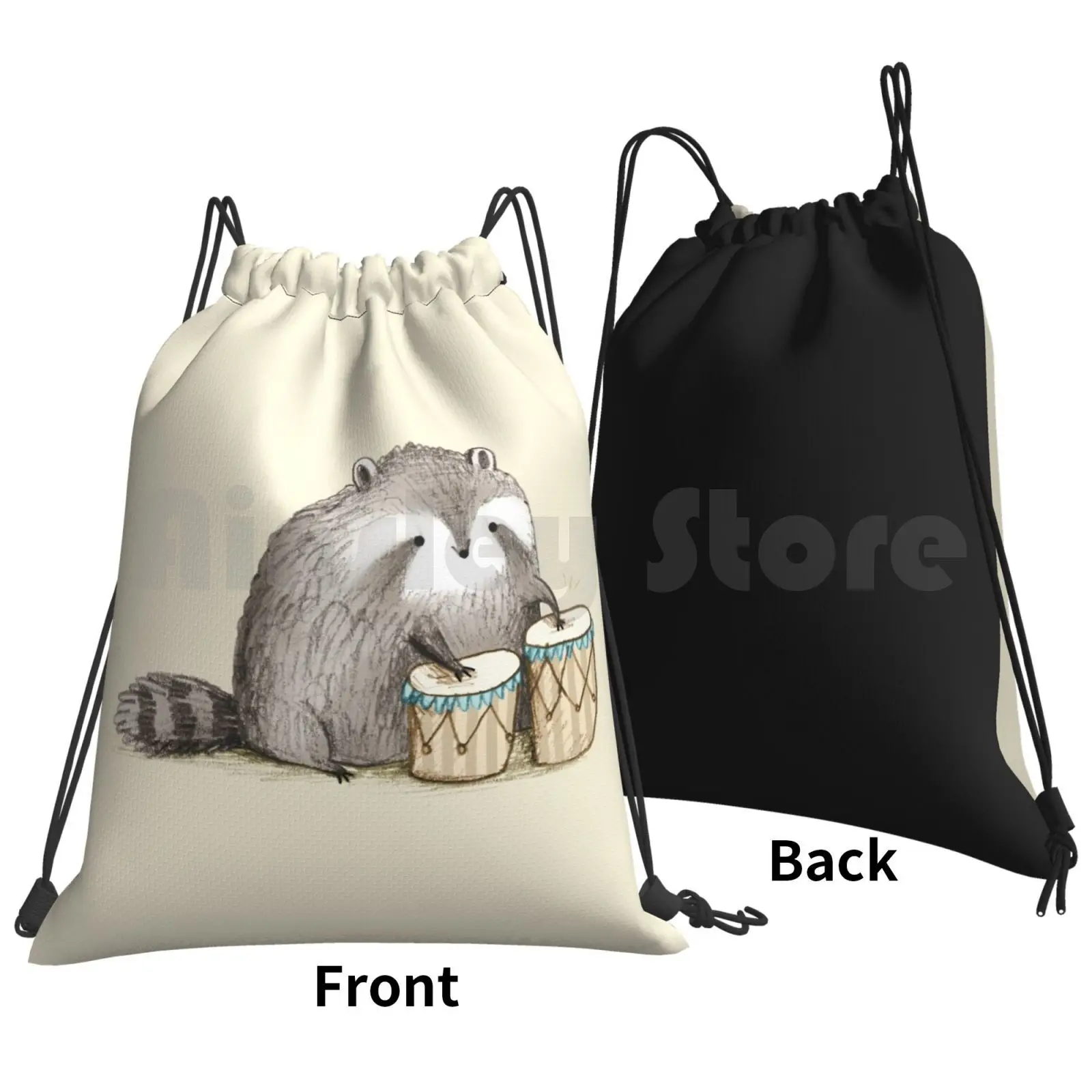 Raccoon On Backpack Drawstring Bag Riding Climbing Gym Bag Raccoon Drum Animal Forest Woodland Cute Music Percussion Drummer