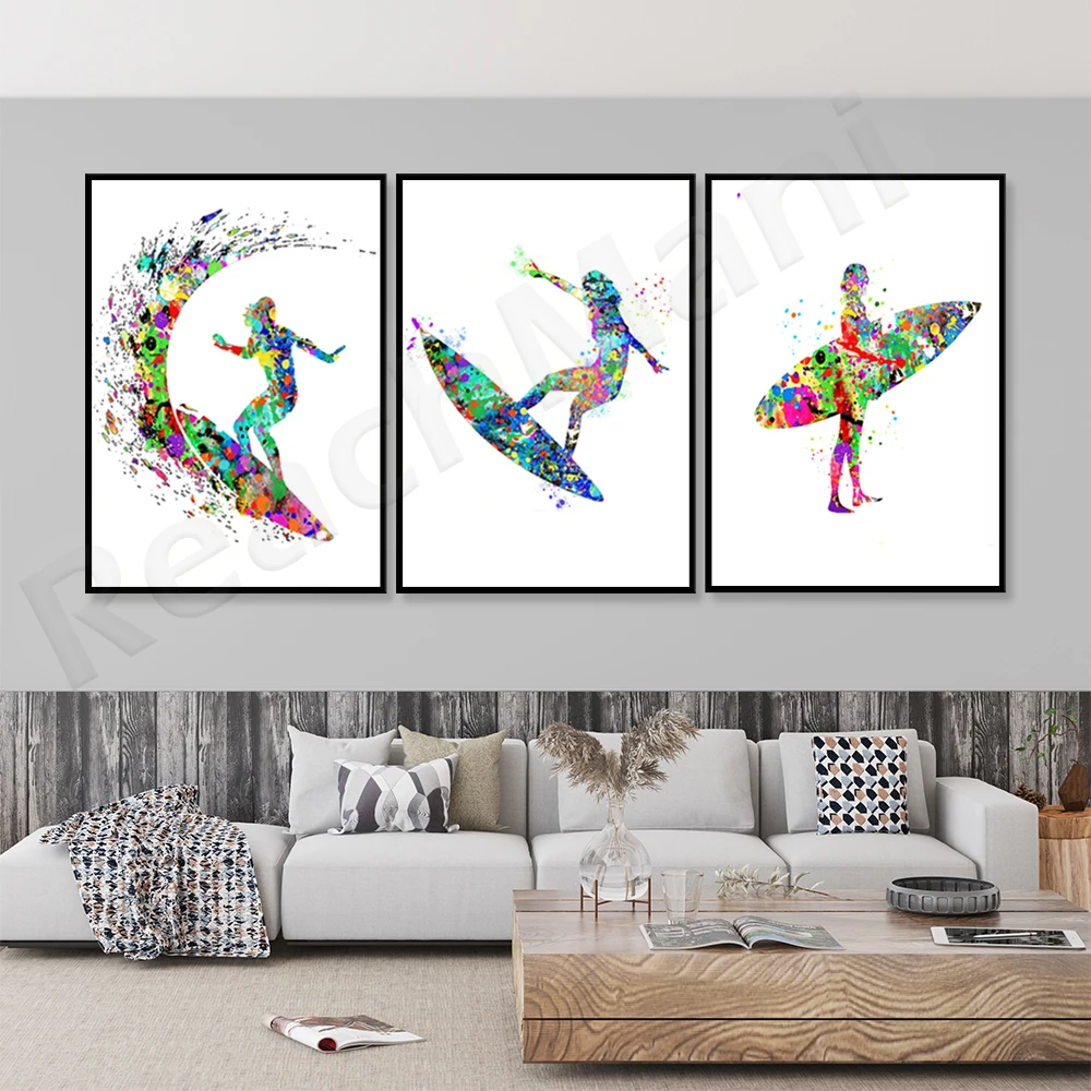 Surfer prints, girl surfer gifts, surfer art watercolor posters, surfing parties, sports prints, surfer lovers gifts
