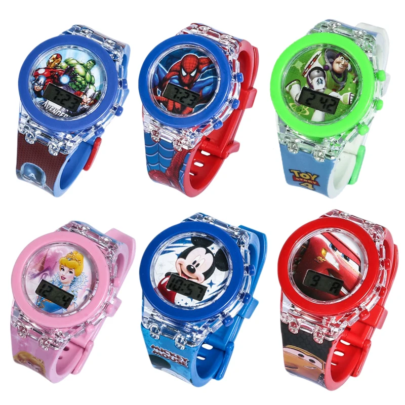 Children's cartoon watch Disney Mickey Spiderman Frozen led flash Quartz watch silica gel watch student Cartoons Watch Toy gift