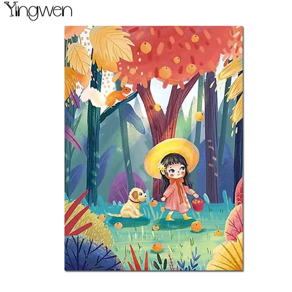 Full Square/Round 5D DIY Diamond Painting Set Cartoon Autumn Outing Girl Diamond Embroidery Cross Stitch Kits Mosaic Home Decor