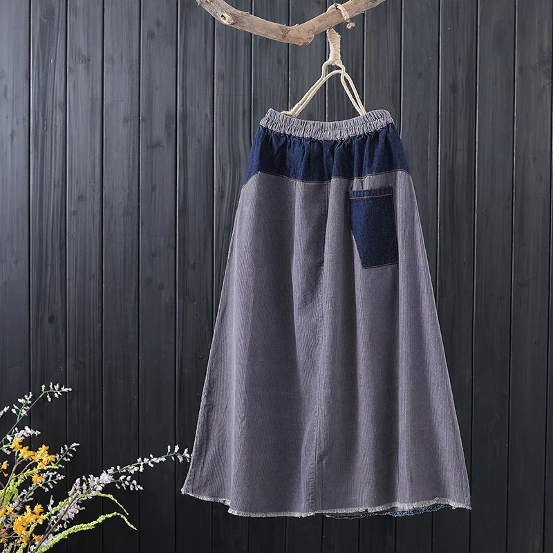 TIYIHAILEY Free Shipping 2020 New Fashion Long Mid-Calf A-Line Skirt Women Elastic Waist Winter Corduroy Denim Skirt With Pocket