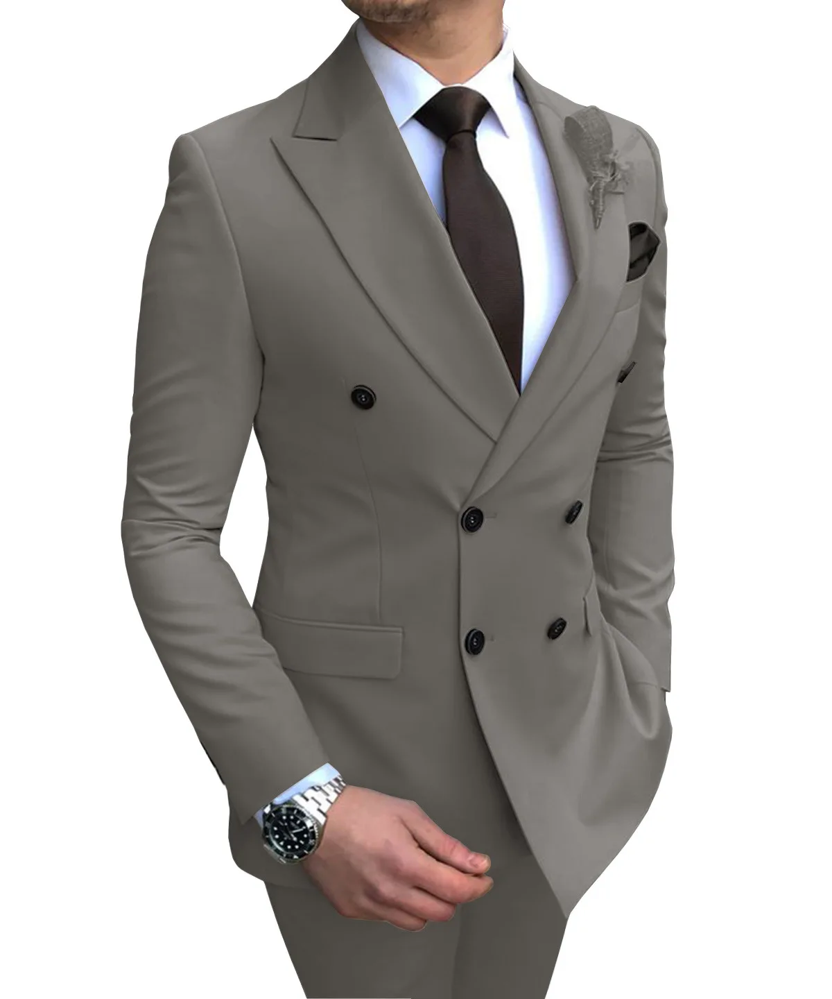 Men's Suits 2 Pieces Beige Lapel Double Breasted Slim Fit Casual Business Dress Suits For Wedding Bridegroom Suits Blazer+Pants