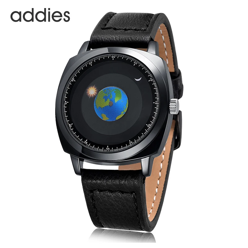 Addies Watch Fashion Creative Design Rotation Earth Sun Moon Watches Men Casual Leather Band Quartz Watches Relogio Masculino