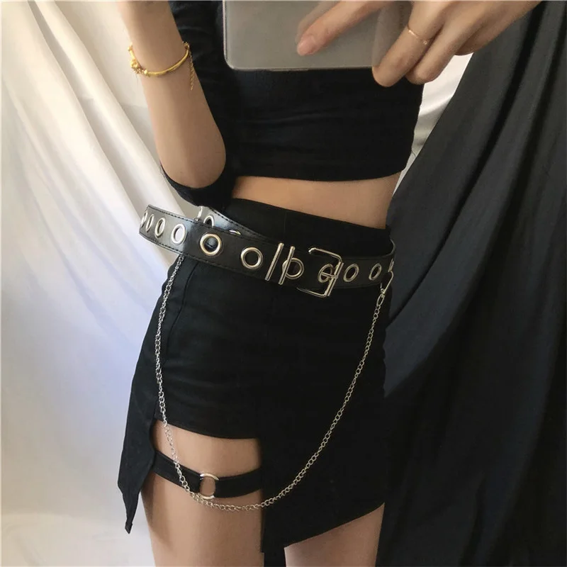 New PU Leather Waist Belt Punk Hip-hop Fashion Pin Buckle Black Adjustable Waistband With Chain For Ladies Girls Women Jeans Z15
