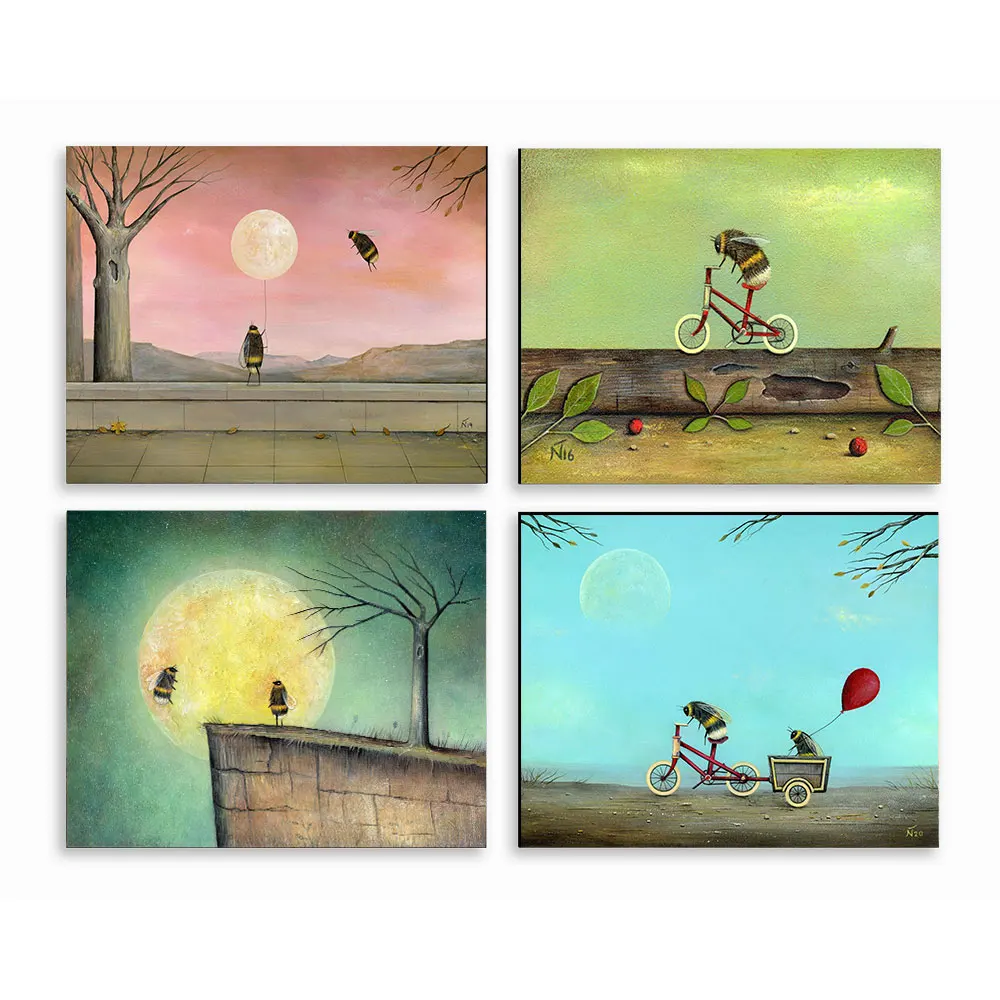 

Cartoon Bee Bicycle Nordic Posters And Prints Wall Art Canvas Painting Balloon Nursery Art Prints Wall Pictures For Kids Room