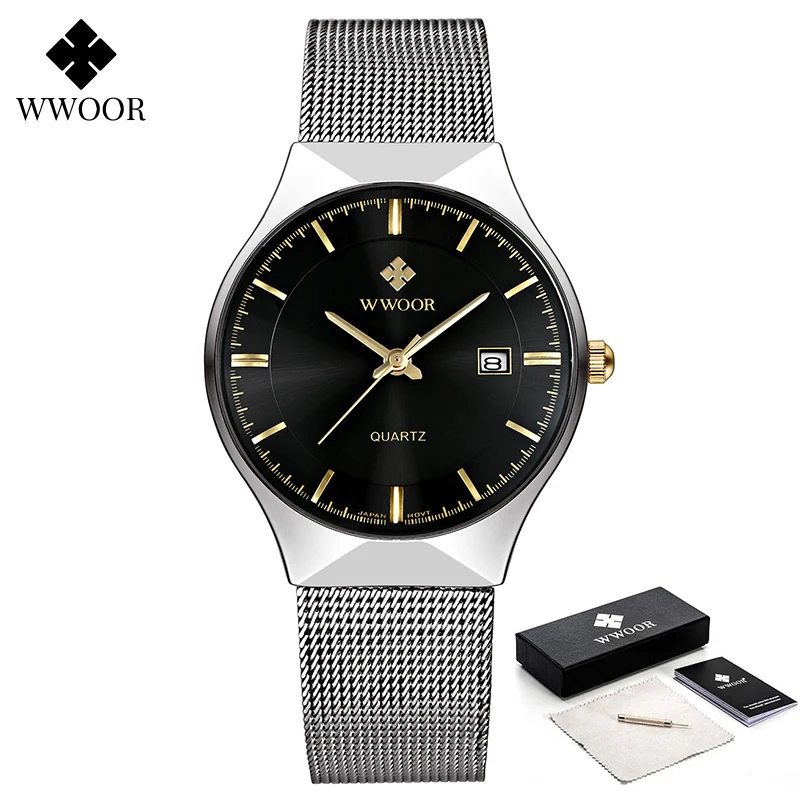 WWOOR Watch For Men Fashion Ultra Thin Silver Mesh Steel Quartz Clock Casual Waterproof Date Wristwatches Relogio Masculino 8016