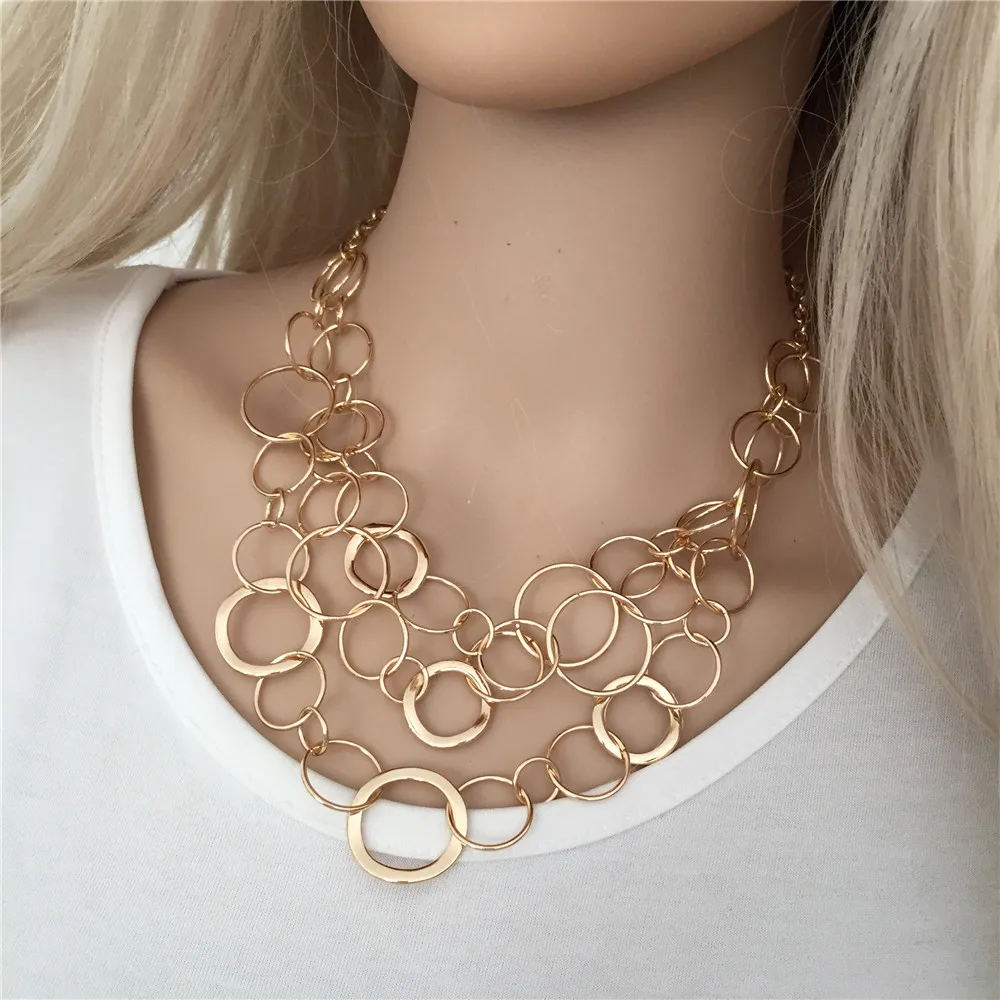 Bohemian Multi Layered Necklace for Women Vintage Gold Color Geometric Circle Linked Chain Necklace  Geometric Collier Collares