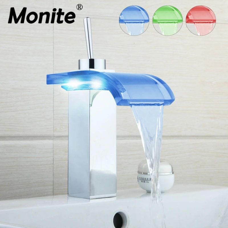 

Monite Waterfall LED Bathroom Basin Faucet Solid Brass Deck Mounted Sink Tap Chrome W/ Glass Spout Mixer Tap 1 Handle Faucet