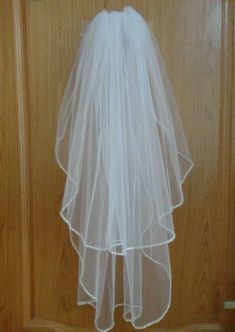 2 Tiers Ivory/White Waist Length Wedding Bridal Veil Rhinestone EdgeI 2022