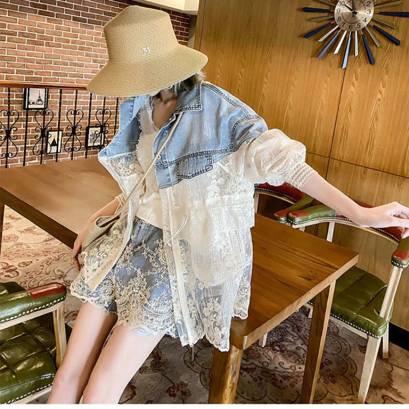 Patchwork Denim Lace Hollow Coat Summer Fashion New Sun-Protective Clothing Women High-Quality Ventilate Loose Elaborate Jackets