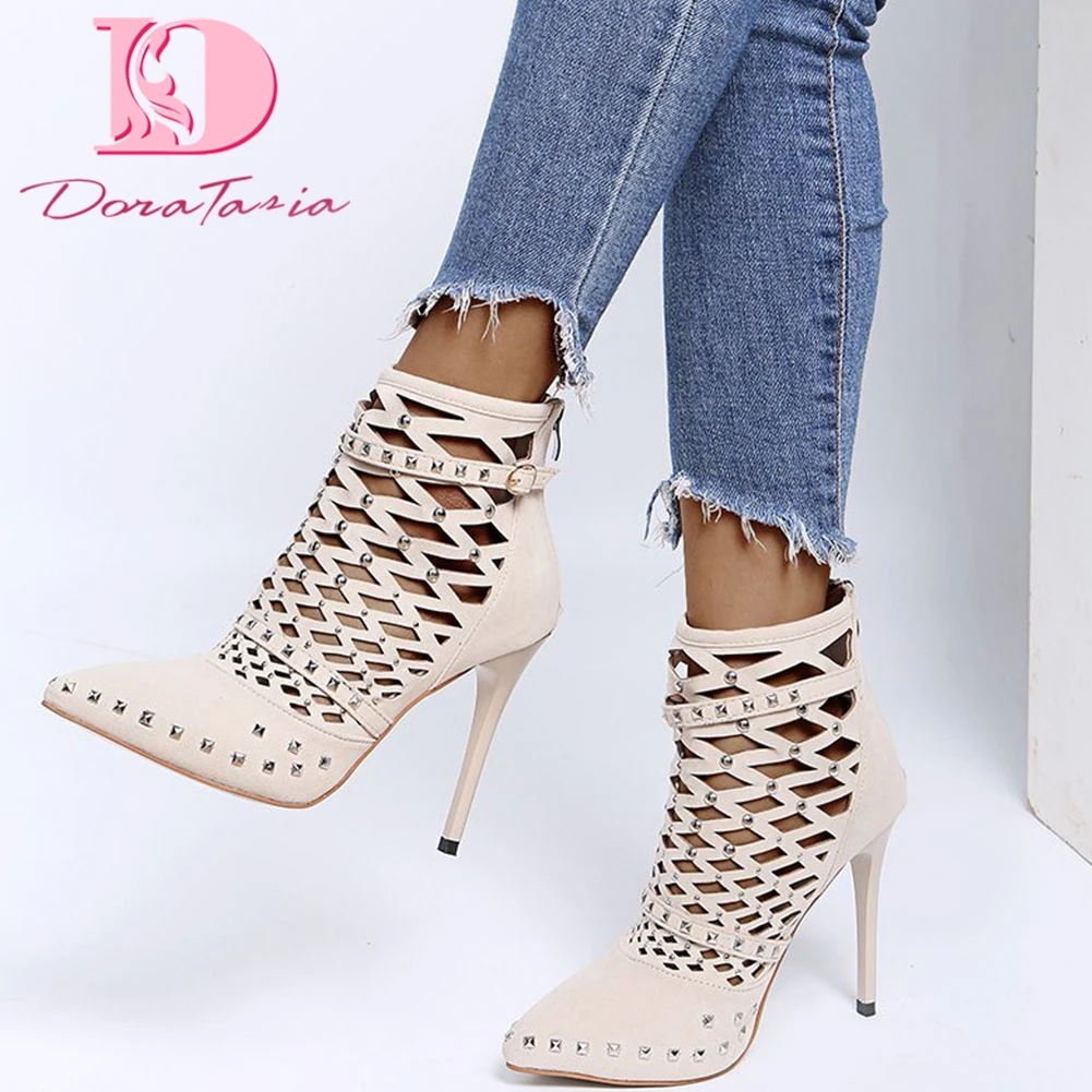 DoraTasia Brand New Ladies Pointed Toe Summer Sandals Thin High Heels Rivet Hollow Sandals Women Sexy Party OL Shoes Woman