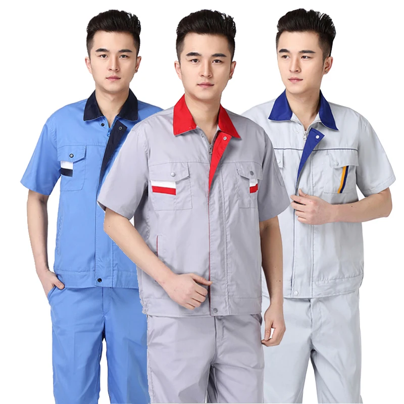 Summer Workshop Uniforms Short Sleeves Contrast Color Thin Breathable Working Coveralls Auto Repair Cleaner Gas Stationer Suit