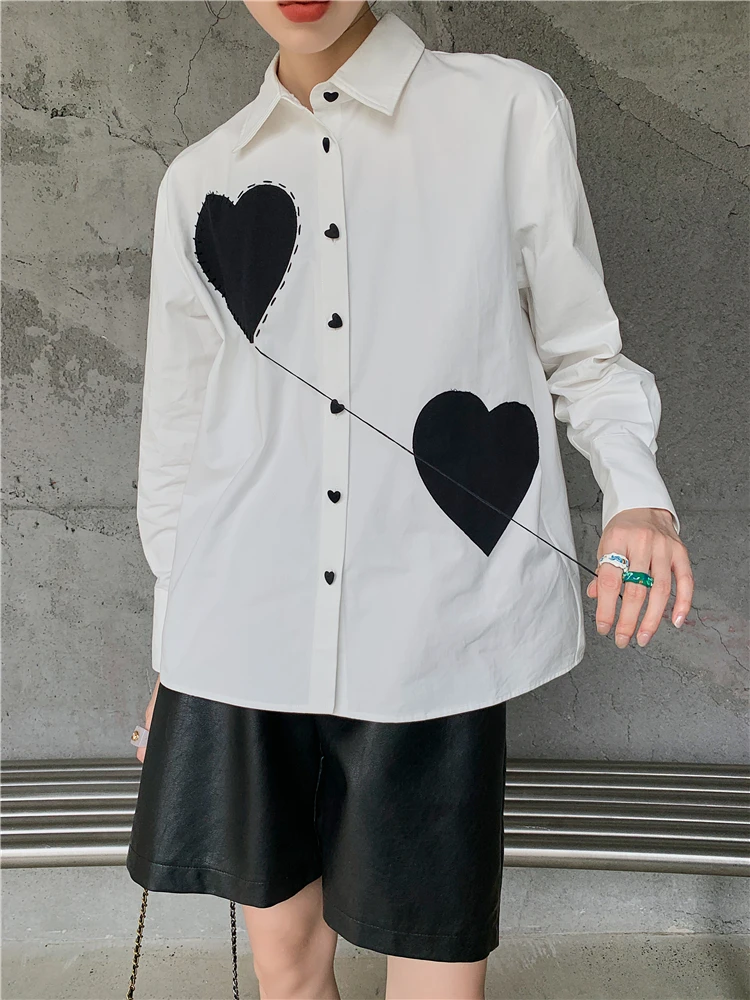 CHEERART Heart White Button Up Shirt For Women Fall Fashion Long Sleeve Designer Top And Bloues 2021 Collared Shirt Clothing