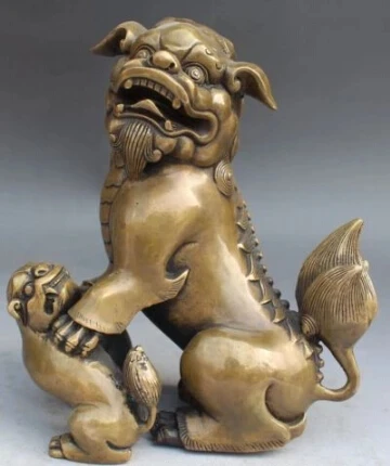 RHS0127 7.5"Chinese Bronze Fengshui Foo Fu Dog Guardion Lion Play Ball Beast Statue