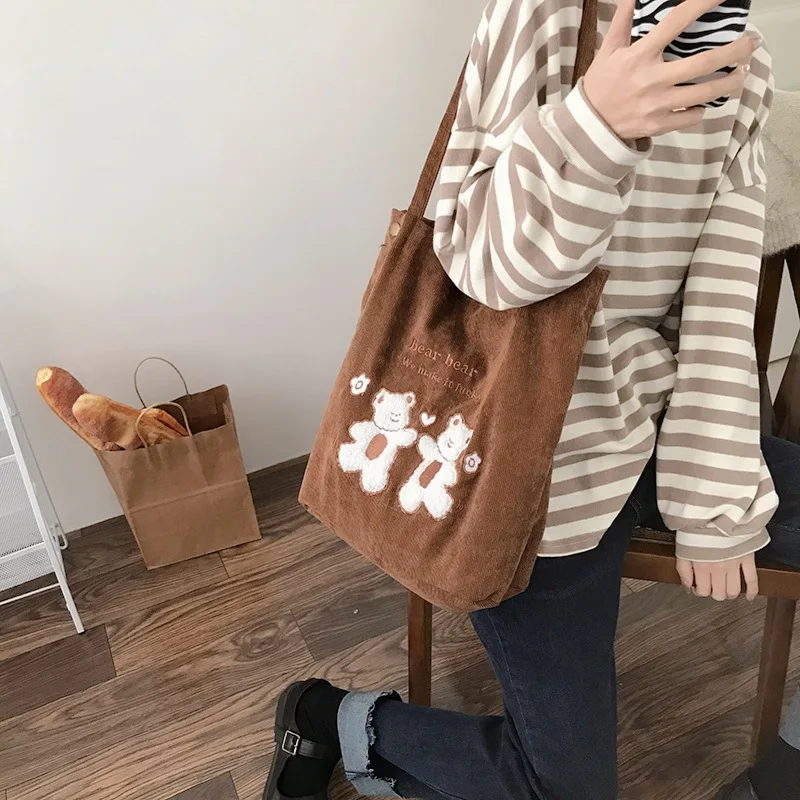 Canvas Handbag with Cute Bears Shopper Bags for Women Large Capacity Bag Solid Color Shoulder Bag