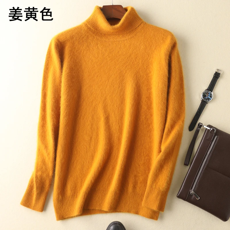 Winter Men Pullover 100% Mink Cashmere Sweater Turtleneck Thicken Warm Men\'s Loose Sweaters Classic Man Solid Color Knit Jumper