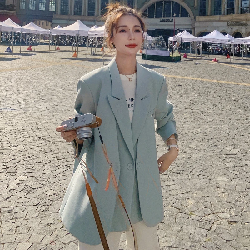 

2020 new blue small suit jacket female spring and autumn loose fake two-piece casual suit jacket temperament is thin and trendy