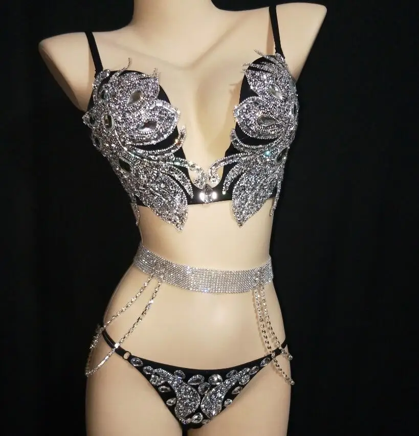 

Bright Bikini Rhinestones Bra Low Waist Short Underwear Sequins Dance Wear Two Piece Set Women's Party Dress Sexy Dance Costume