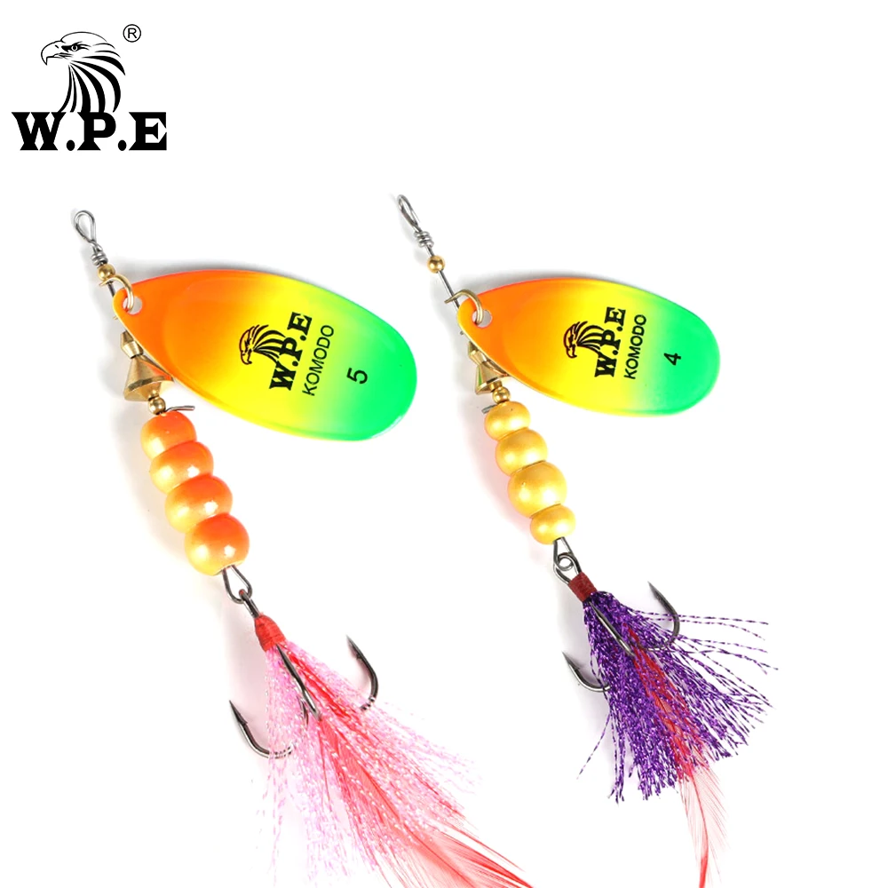 W.P.E-señuelo de pesca giratorio, 14g/22g, cuchara, pluma, aparejos de pesca de Metal, anzuelo triple de 15 colores, cebo duro, pesca de carpa, 1 ud.