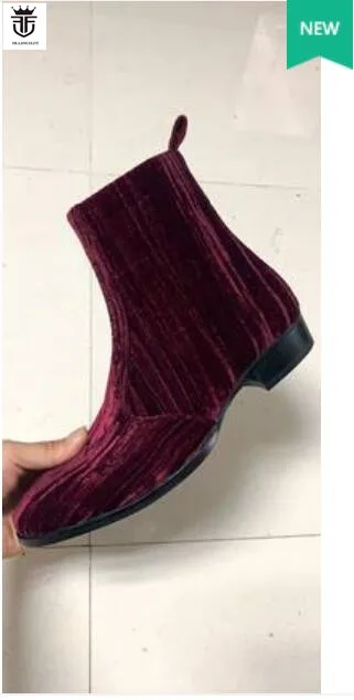 2020 new fashion men booties wine red Chelsea Boots zip up Boots point toe Men\'s party shoes heel 5cm velvet botas