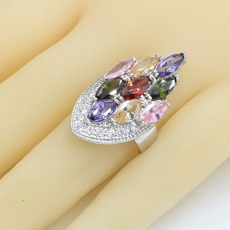 Multicolor  Zircon Silver Color Jewelry Sets for Women Bracelet Earrings Necklace Pendant Ring Gift Box