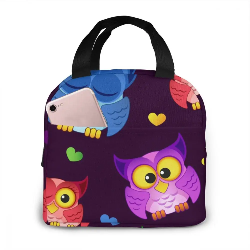 

Cute Colorful Owls Cooler Bag Portable Zipper Thermal Lunch Bag Convenient Lunch Box Tote Food Bag