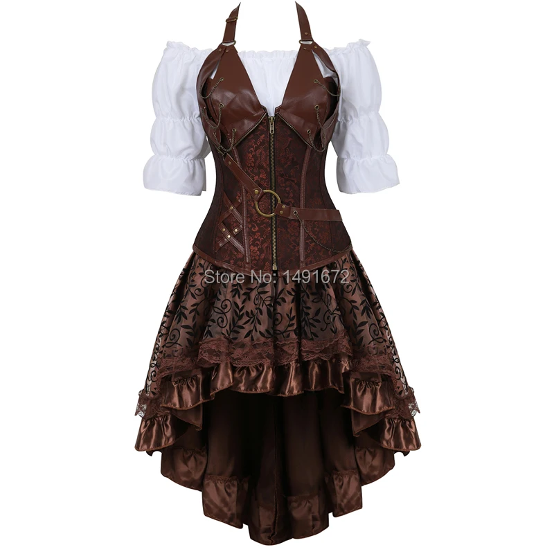 bustiers corset skirt 3 piece leather dress corset steampunk pirate lingerie corsetto irregular burlesque plus size black brown