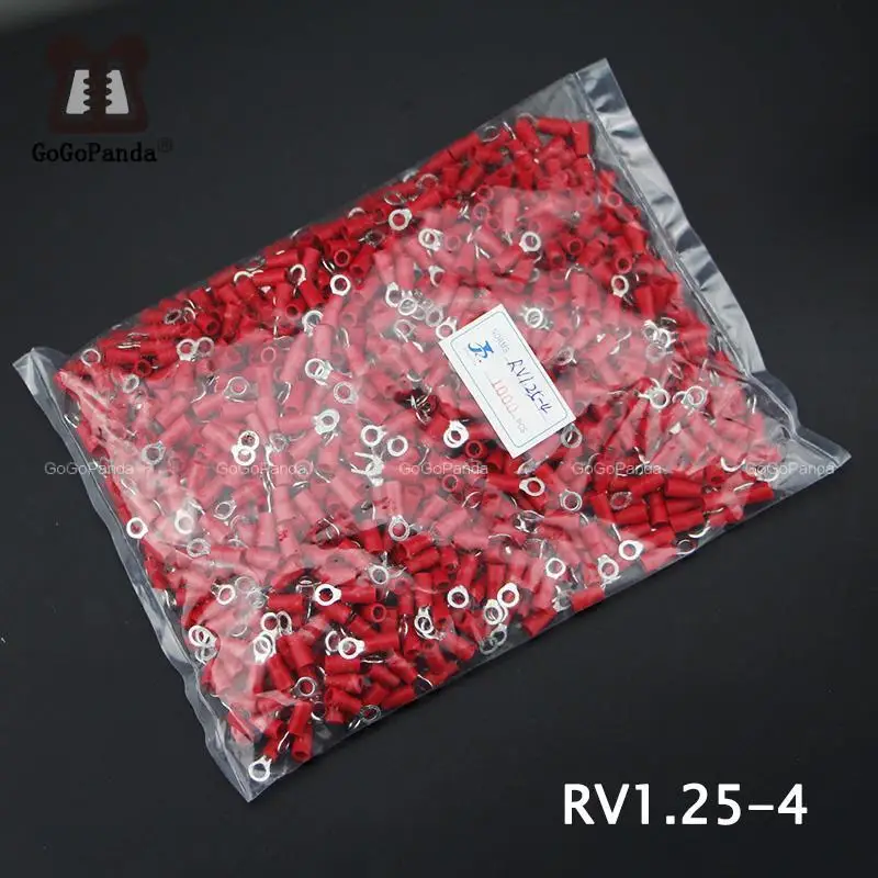 1000PCS RV1.25-(3 4 5 6 8 10 12) Red Ring Insulated Terminal Cable Crimp Terminal Suit 0.5-1.5mm2 Cable Wire Connector 22-16 AWG