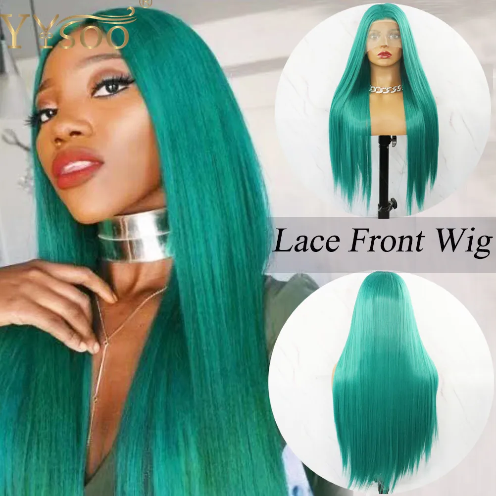 YYsoo long Green Silky Straight Synthetic 13x3 Lace Front Wigs for Black Women Free Part Half Hand Tied Heat Resistant Lace Wigs