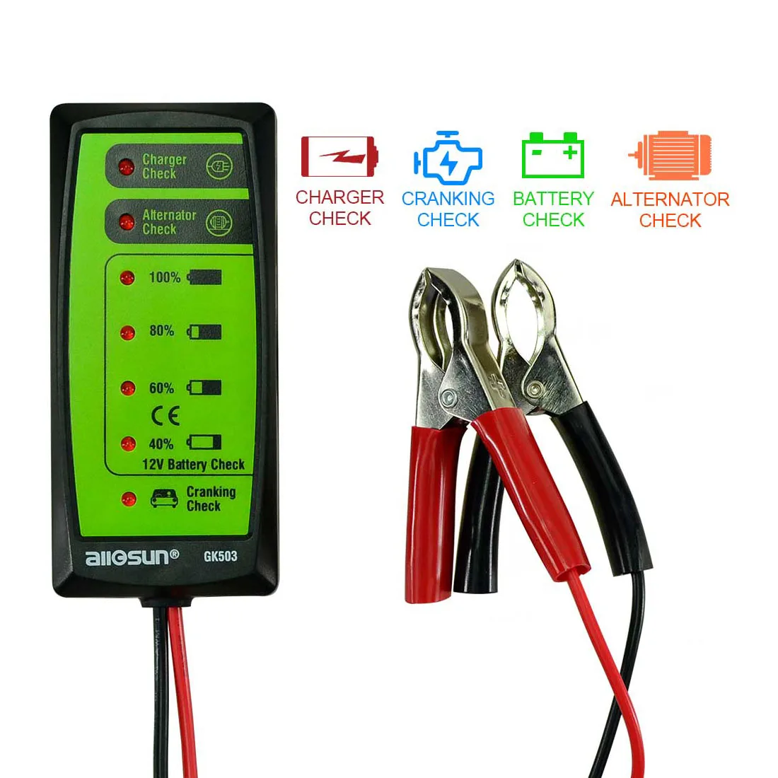 Mini 12V Automotive/ Car Battery Tester Charger/ Alternator/ Cranking Check with 6-LED Display Easy to Use All-sun GK503