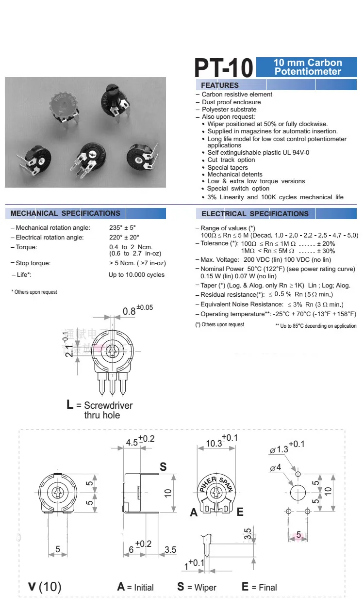 YYT 5PCS PT10 adjustable resistance horizontal arrow hole potentiometer 500 ohms 2K 3K 3K5 4K5