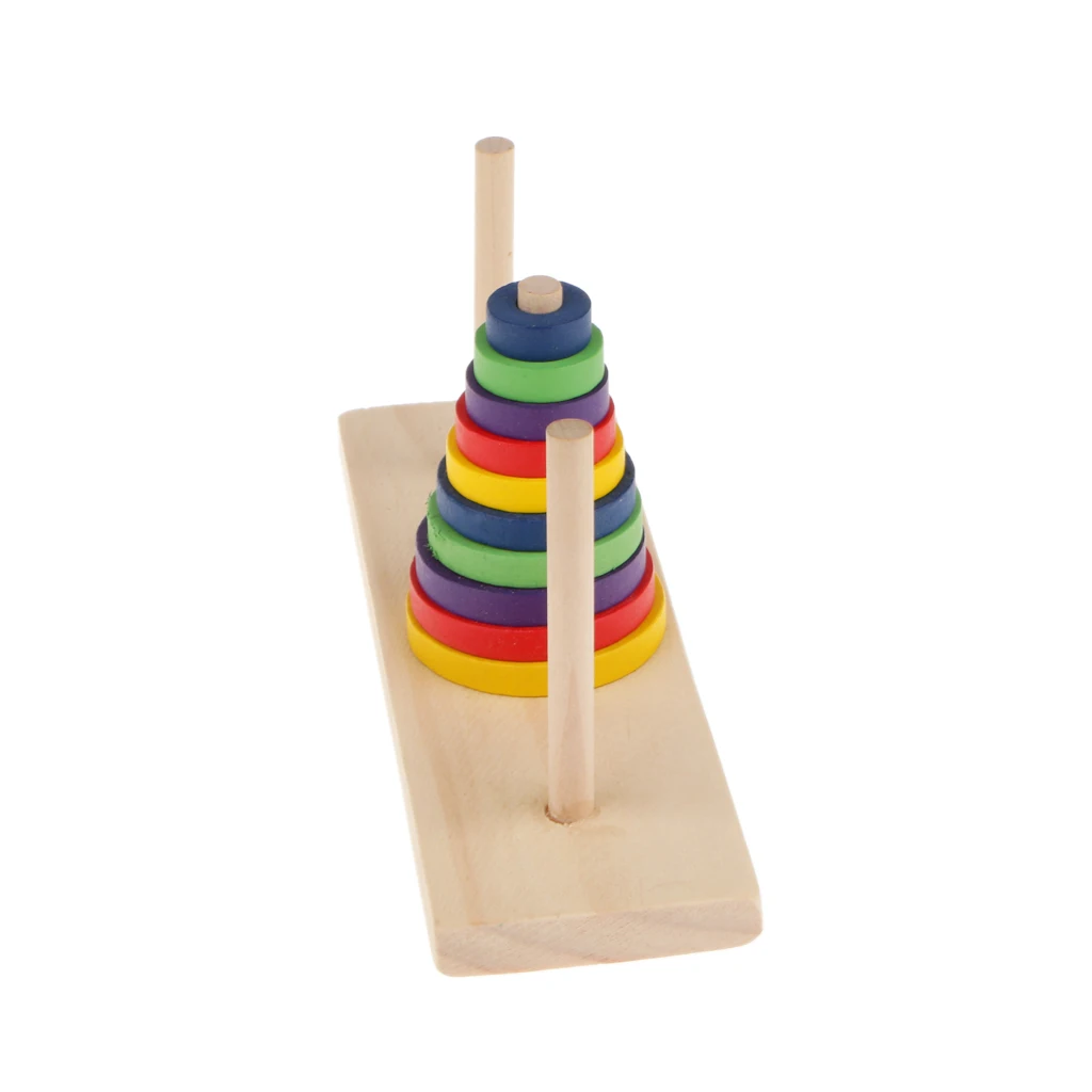 Tower of Hanoi Wooden Puzzle 10 Rings Geometric Stacker Kids Developmental Toy, 10 Colorful Pieces