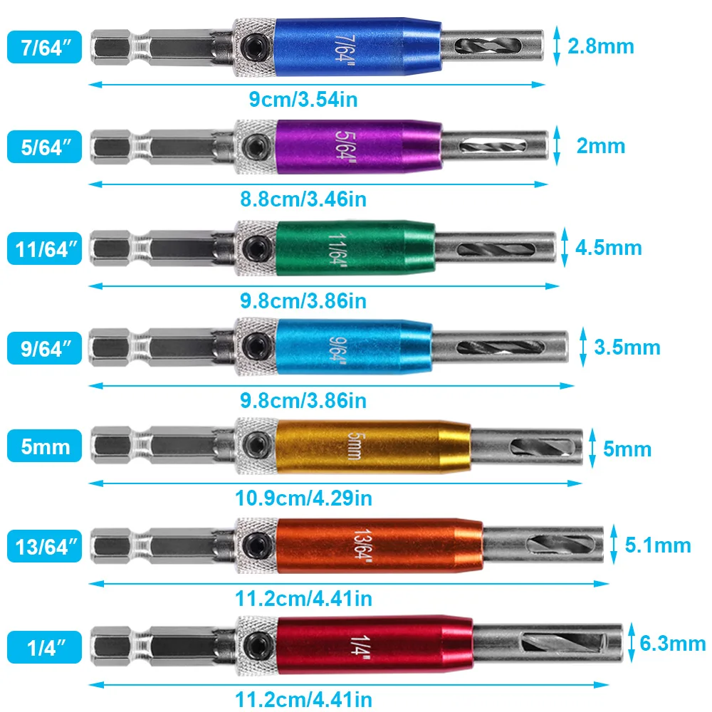 7PCs Self Centering Drill Bit Set Hex Shank Self Center Hinge Drill Bits Tool for Woodworking Window Door Hinge with 1 Hex Key