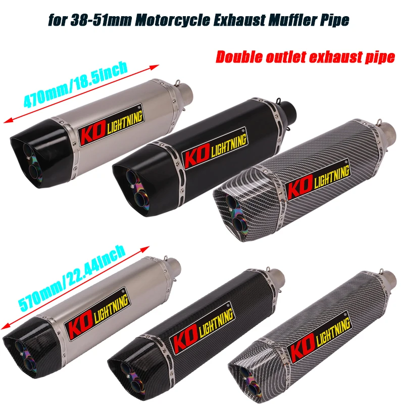 

570MM 470MM Muffler Tip Tubes Silencer System for 38-51mm Tail Exhaust Double outlet Pipe Removable DB Killer Motorcycle