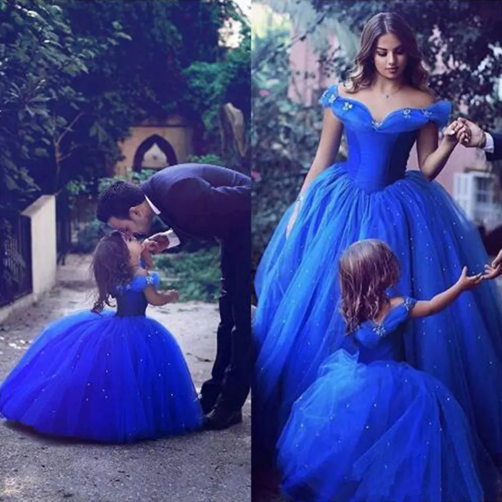 Royal Blue Flower Girls Dresses Off The Shoulder Beaded Cinderella Formal Wear Kids Floor Length Princess Pageant Gowns