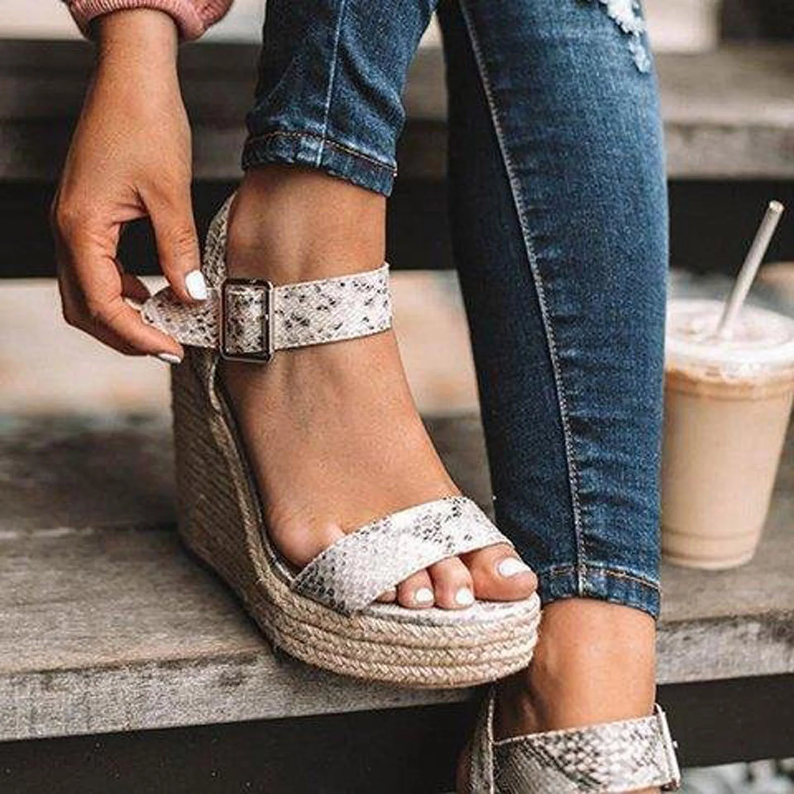 Women Sandals Summer Large Size Wedge Buckle Belt Open Toe Slope Heel Weaving Sandals Breathable Summer Beach Shoes Mujer 2021