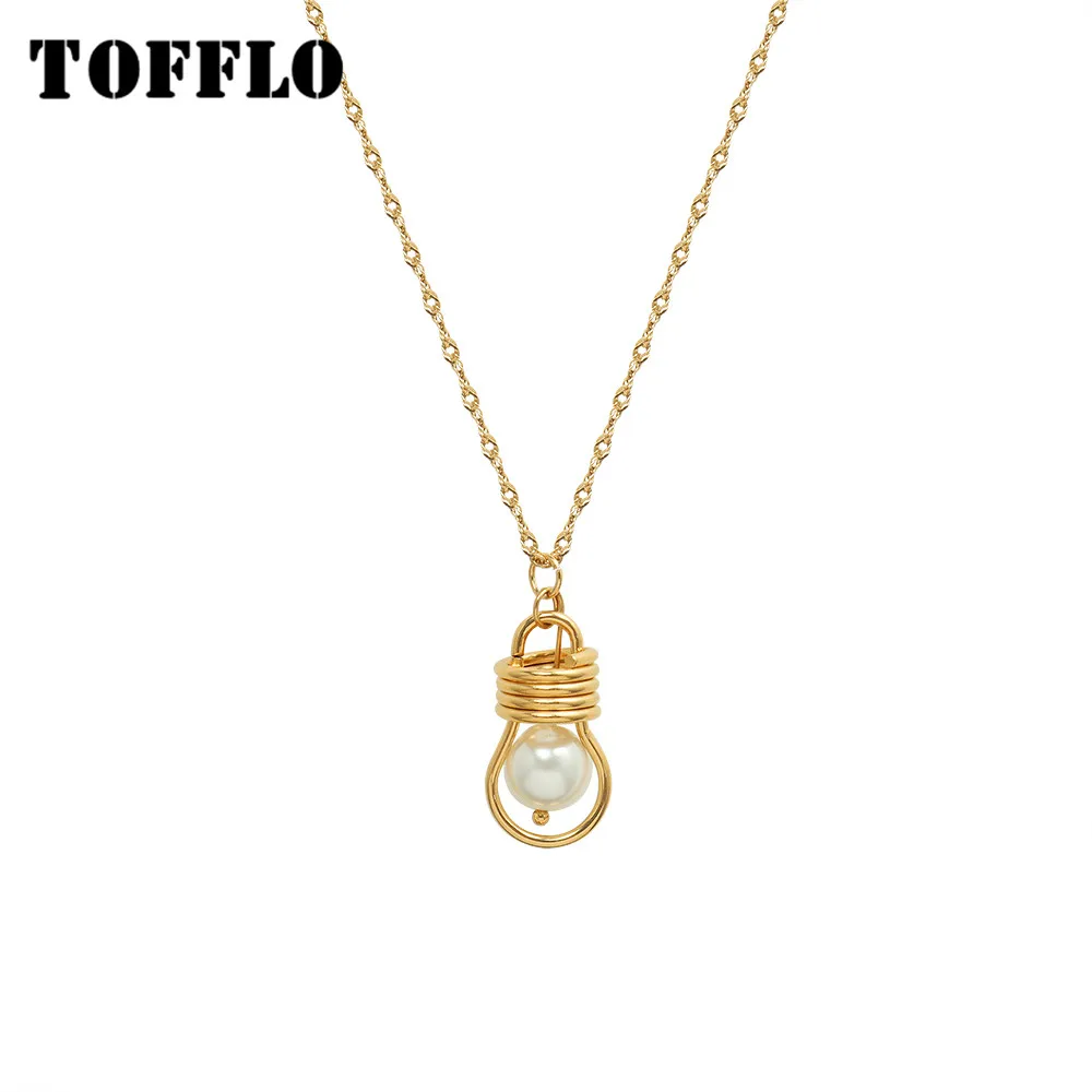 

TOFFLO Stainless Steel Jewelry Bulb Pendant Clavicle Chain Retro Pearl Necklace Female BSP1118