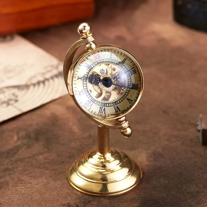 New Arrival Spinning Globe Gold Desk Clock Men Creative Gift for Pocket Watch Copper Table Clock Mechanical Pocket Watch Male