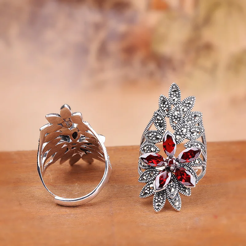 Uglyless Thai Silver Vintage Marcasite Open Wide Rings for Women Garnet Flower Rings Real 925 Silver Bijoux Fine Jewelry R884